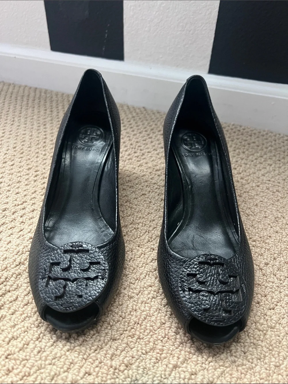 Tory Burch Black Pebbled Leather Wedge Pumps with Logo